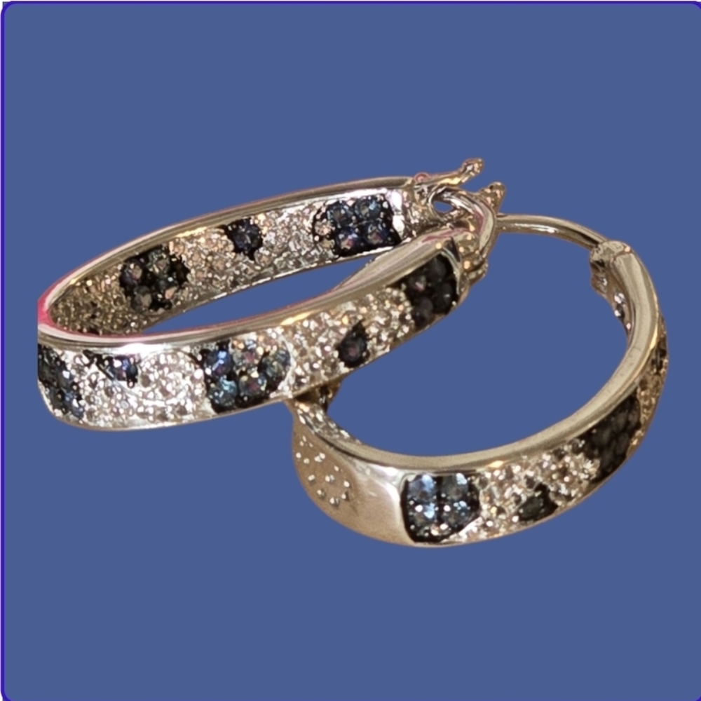 925 Sterling Silver Hoop Earrings with Natural Blue Sapphire & White Topaz